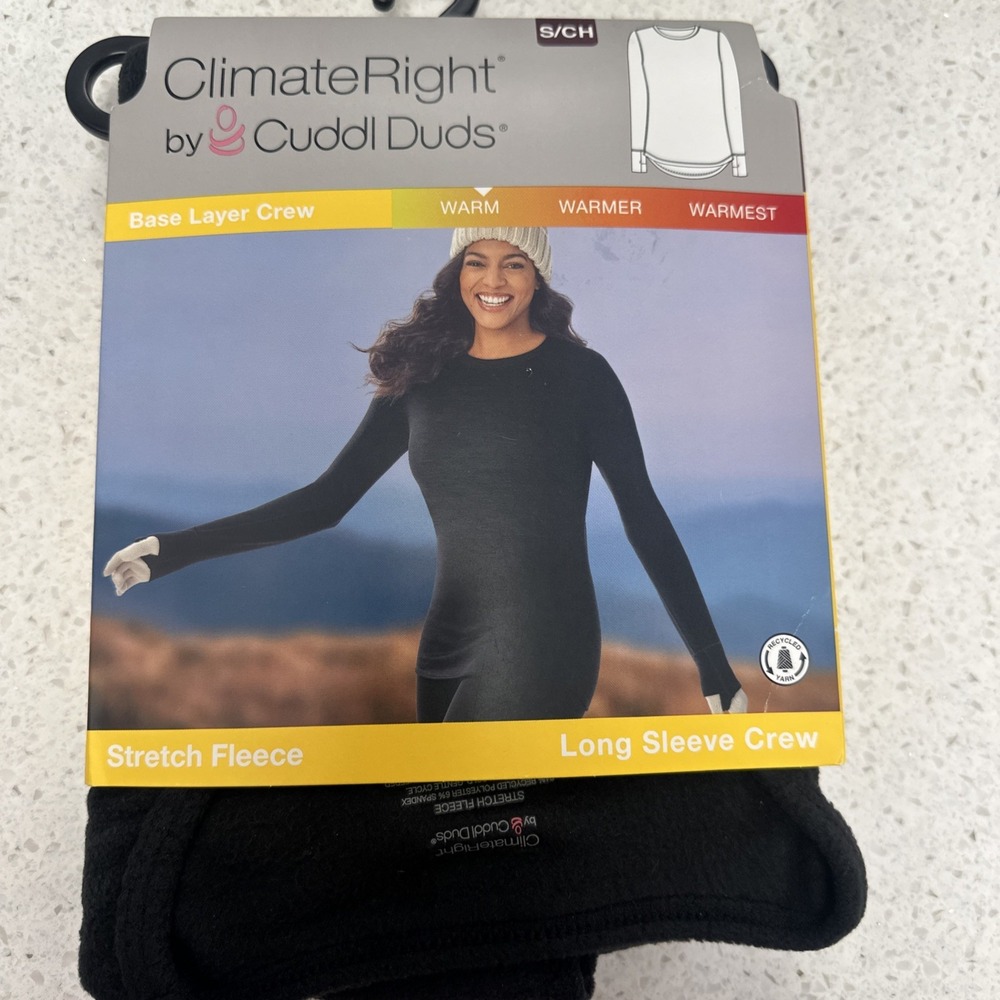 Cuddl Duds Climate‎ Right Women's Long Sleeve Crew Stretch Fleece Shirt Black Sm